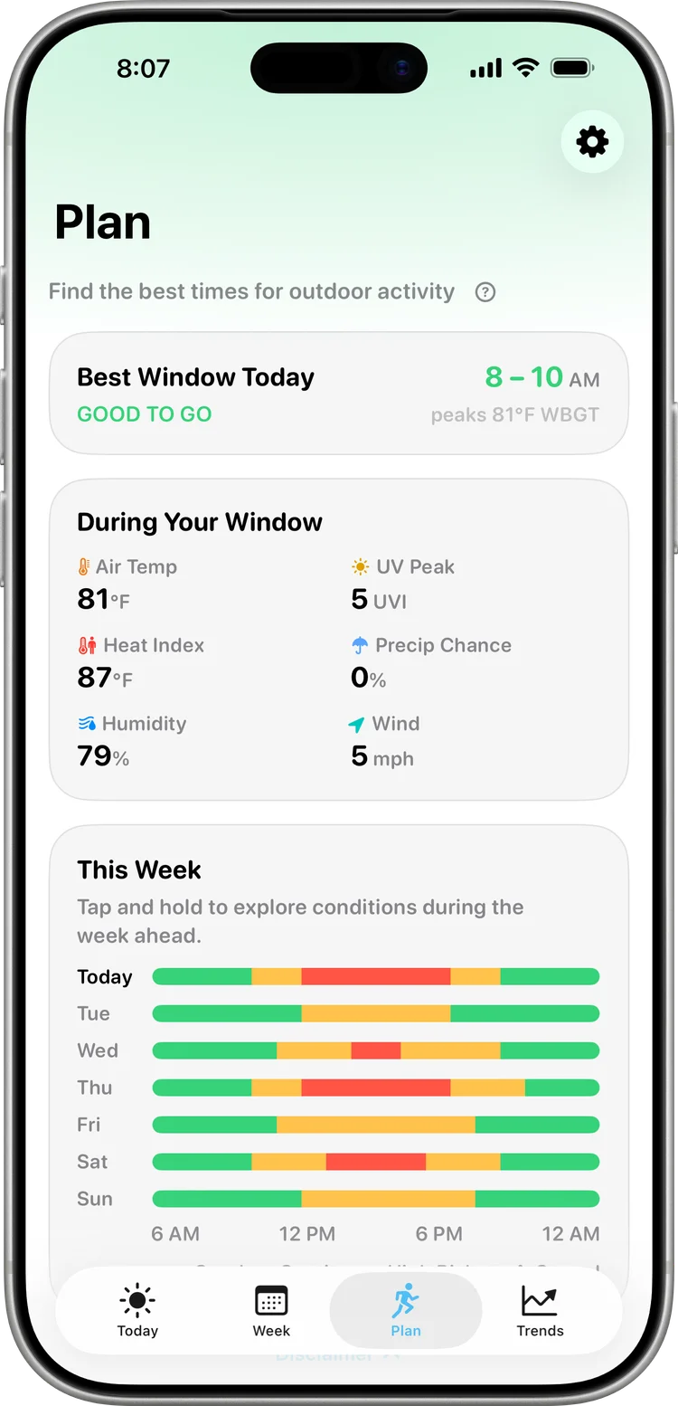 Swelter Plan tab: today's best window for outdoor activity with conditions during the window and this week at a glance