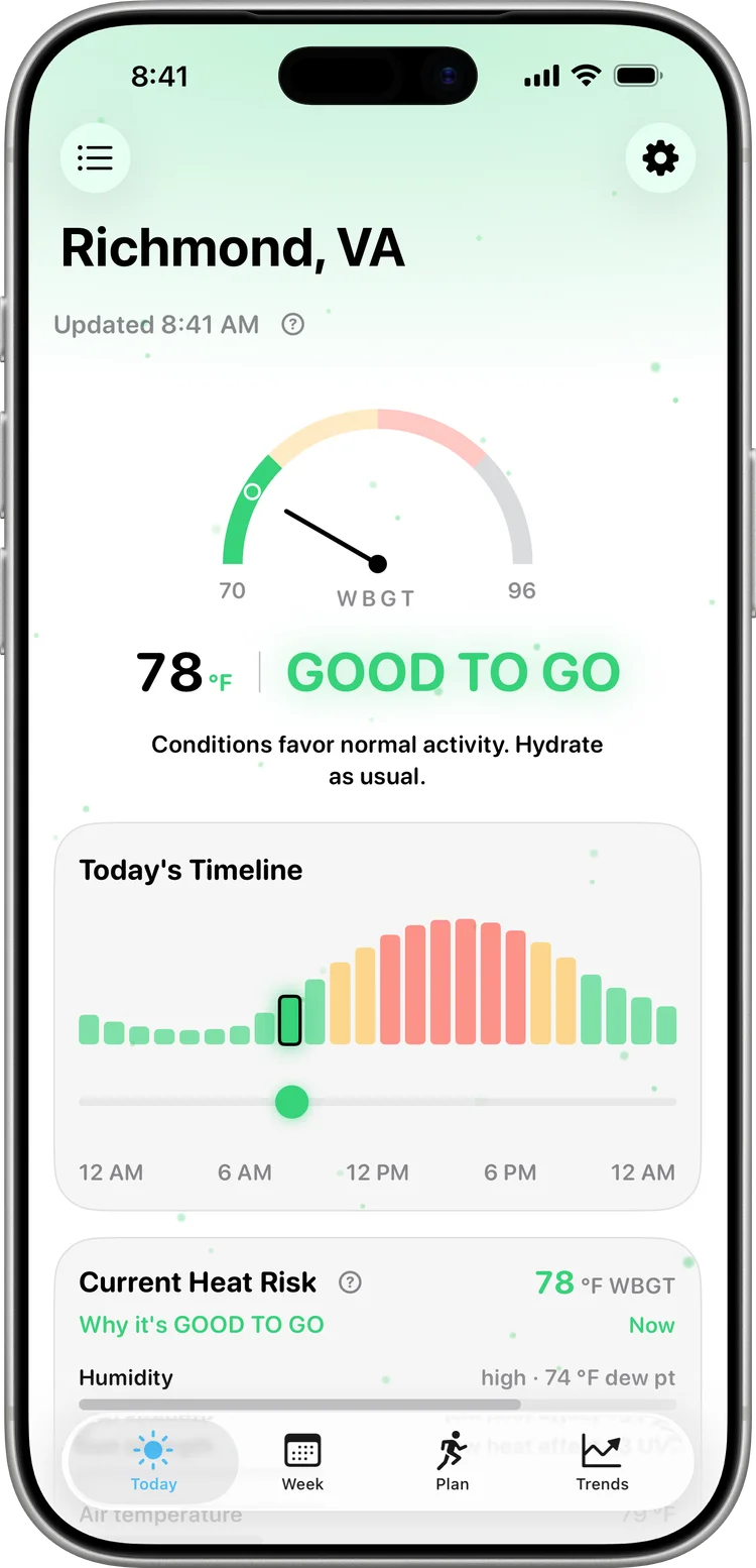 Swelter Today screen: 78°F WBGT with a GOOD TO GO flag and today's hourly timeline