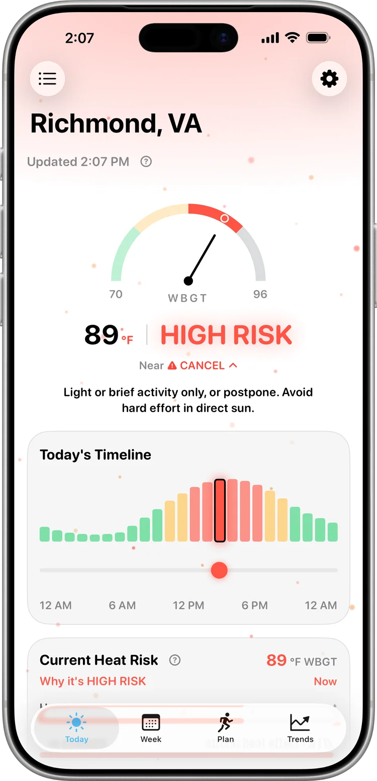 Swelter wet bulb globe temperature (WBGT) gauge on iPhone reading 89°F with a HIGH RISK flag and today's hourly timeline